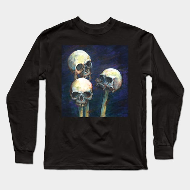 Three skulls Long Sleeve T-Shirt by Karolina Studena-art